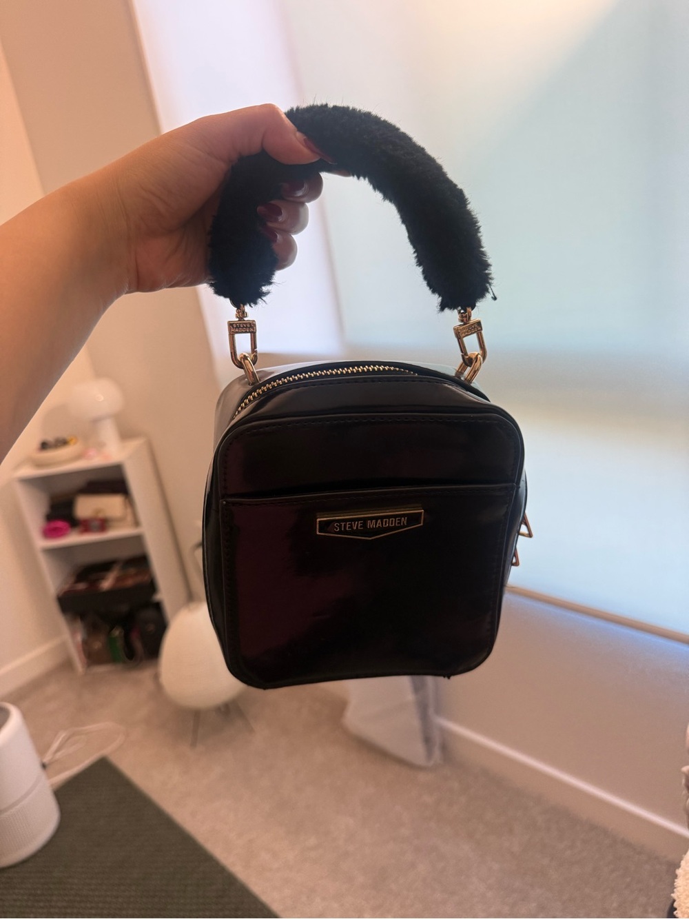 Steve Madden Black Mini Faux-Leather Top-Handle Bag with Fur Handle